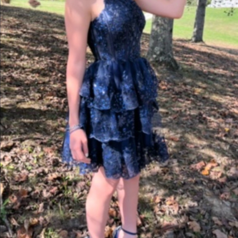 Navy Beaded Lace Homecoming dress